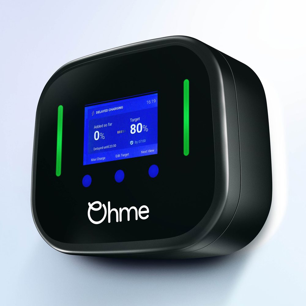 Ohme Home Pro tethered EV charger with colour screen